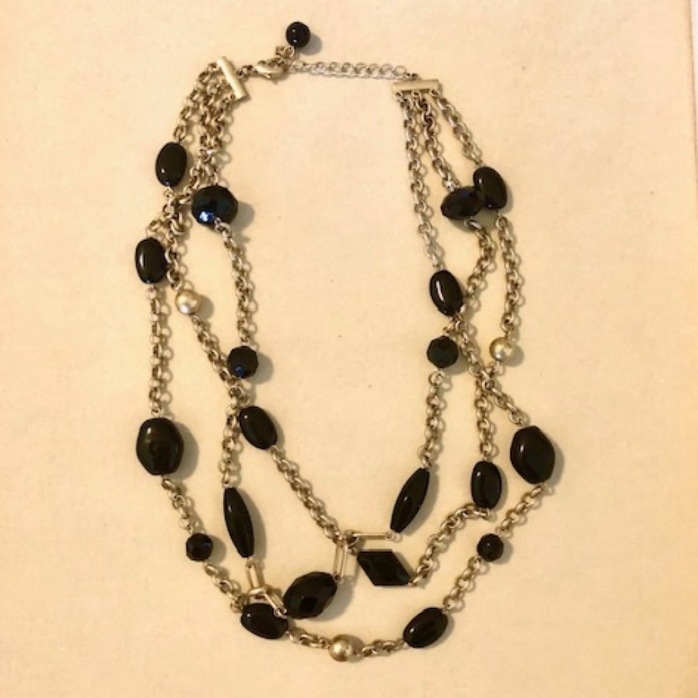Ann Taylor Multilayer Necklace, Gold Tone with Black Beads, 15 inches, Like New